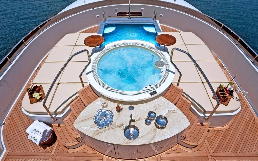 Top view of deck below with Jacuzzi and beautiful setting on superyacht "Mi Sueño" designed by Fort Lauderdale based Patrick Knowles Designs